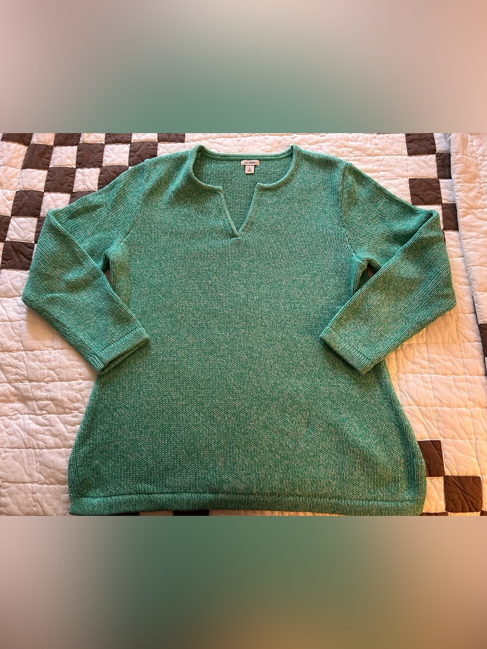 L.L. Bean Sweater Cotton Knit V-Neck Marled Womens Size Petite Large